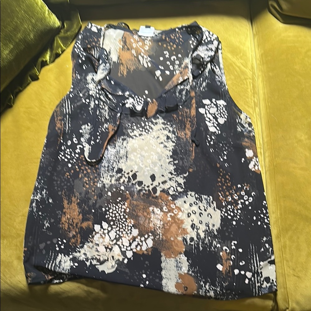 CAbi Black/Brown/Cream Sheer Ruffled Tie Front Blouse